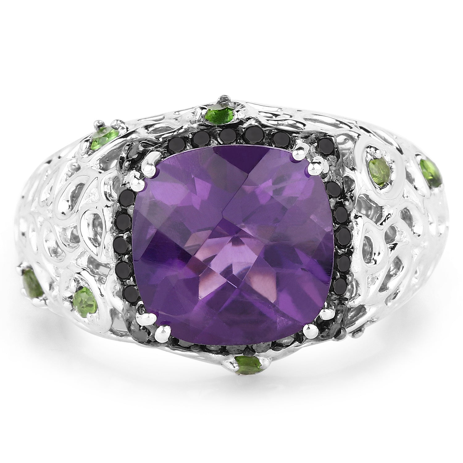 3.27 Carat Genuine Amethyst, Chrome Diopside &amp; Black Diamond .925 Sterling Silver Ring