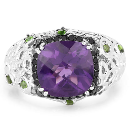 3.27 Carat Genuine Amethyst, Chrome Diopside &amp; Black Diamond .925 Sterling Silver Ring