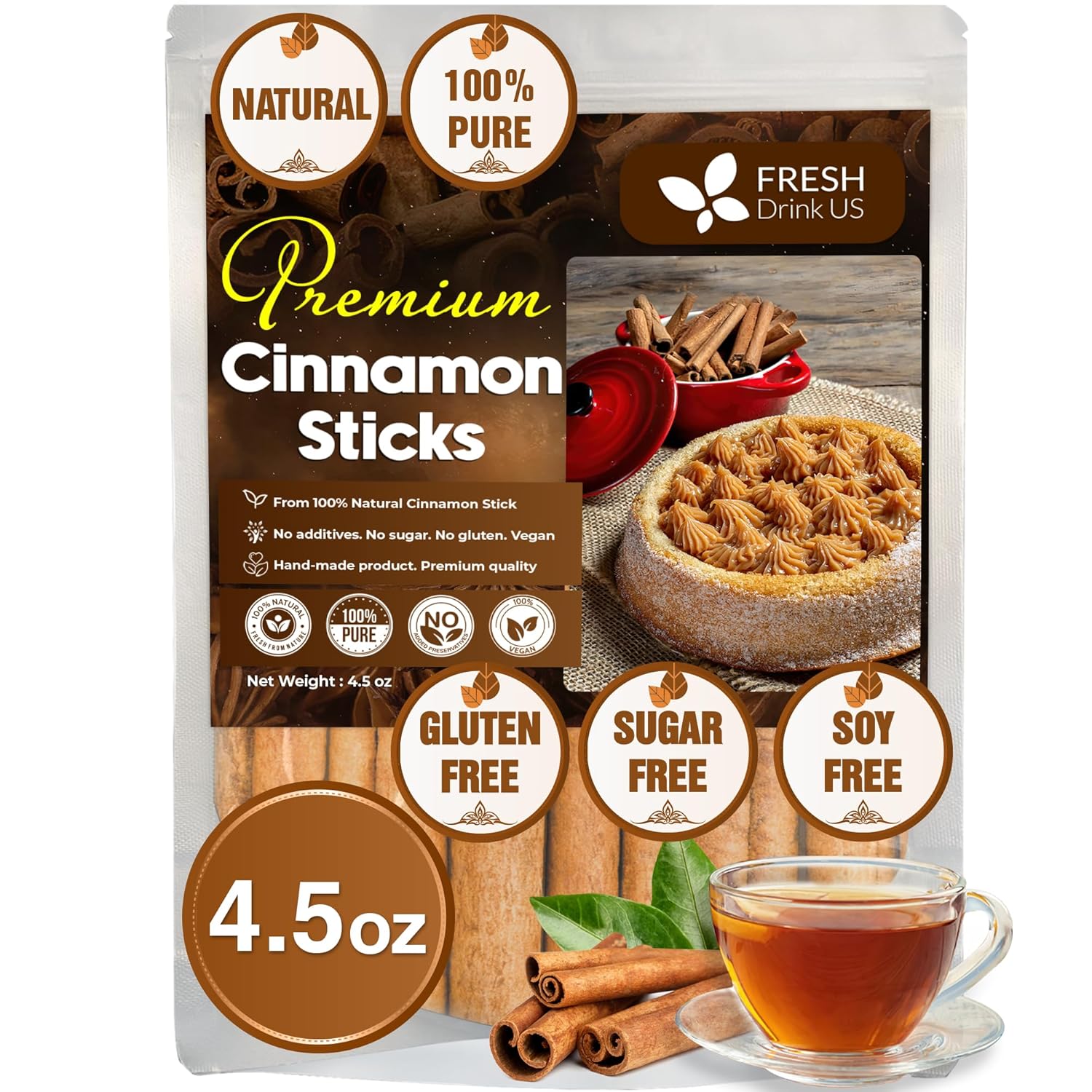 Cinnamon Sticks, Whole Sticks, 100% Natural &amp; Pure Cinnamon Inner Bark, Raw Cinnamon Spice Flavor &amp; Strong Aroma, Cinnamon Spice Herbal Tea, Perfect for Warm Beverages, No Additives, Vegan by FreshDrinkUS - Natural and Premium Herbal Tea