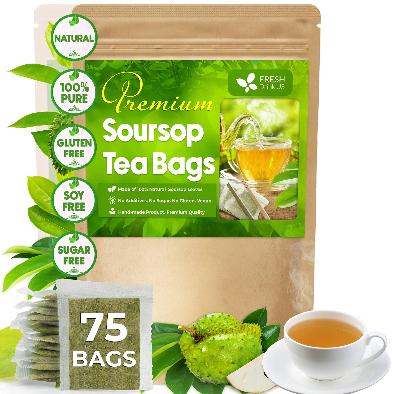 Premium Soursop Leaves Tea bags, Dried Soursop Leaves, Soursop Leaf Powder, Guanabana Leaves Tea, Hoja Guanabana Tea by FreshDrinkUS - Natural and Premium Herbal Tea