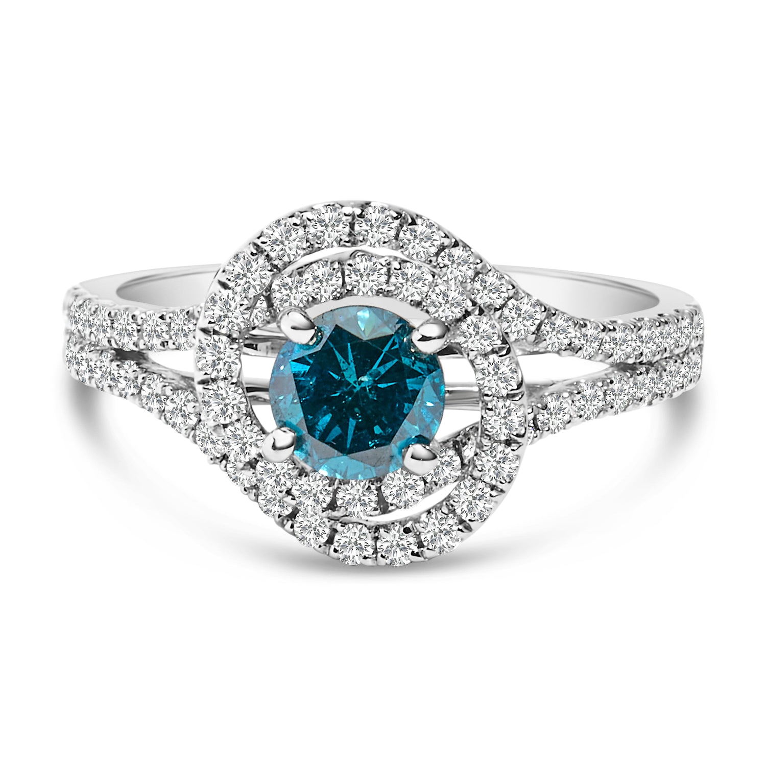 14K White Gold 1-1/3 Cttw White &amp; Blue Diamond Interweaving Double Halo Cocktail Statement Ring (G-H and Fancy Blue Color, SI2-I1 Clarity) - Size 6