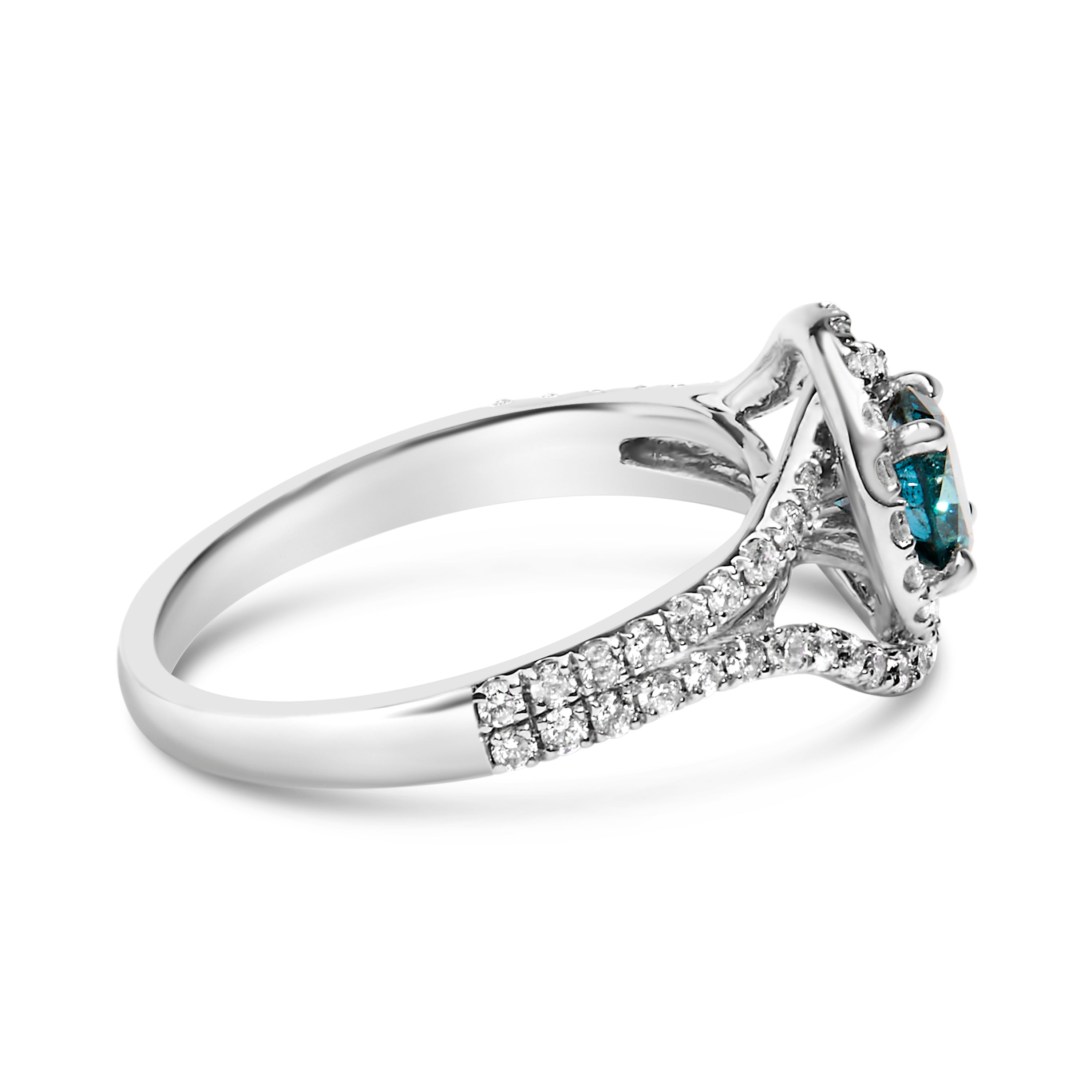 14K White Gold 1-1/3 Cttw White &amp; Blue Diamond Interweaving Double Halo Cocktail Statement Ring (G-H and Fancy Blue Color, SI2-I1 Clarity) - Size 6