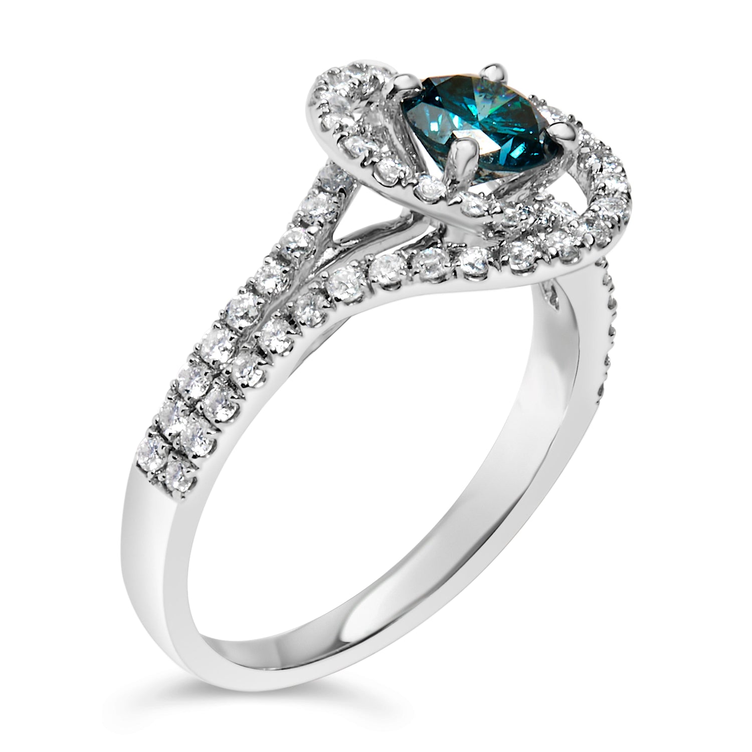14K White Gold 1-1/3 Cttw White &amp; Blue Diamond Interweaving Double Halo Cocktail Statement Ring (G-H and Fancy Blue Color, SI2-I1 Clarity) - Size 6