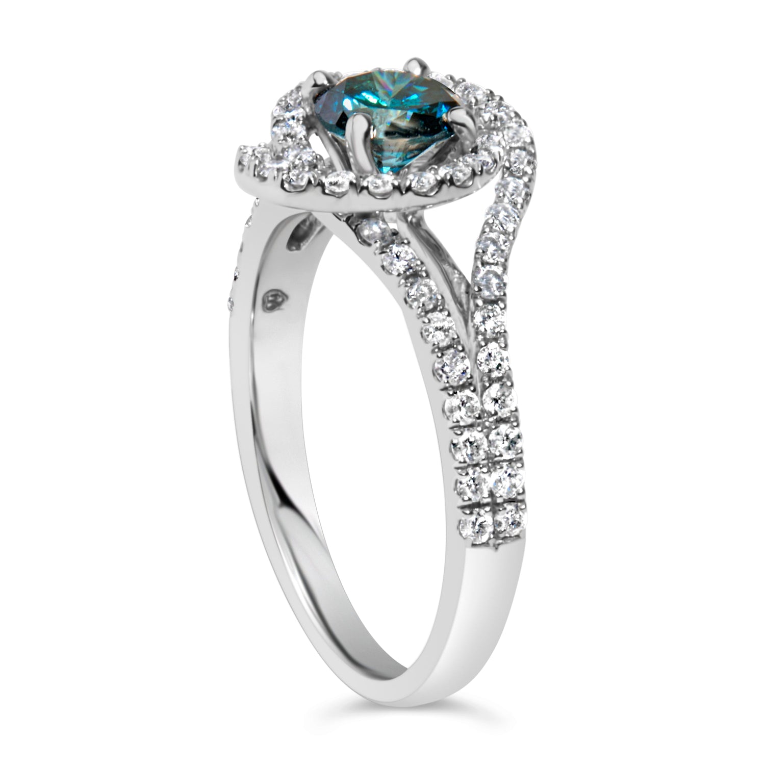 14K White Gold 1-1/3 Cttw White &amp; Blue Diamond Interweaving Double Halo Cocktail Statement Ring (G-H and Fancy Blue Color, SI2-I1 Clarity) - Size 6