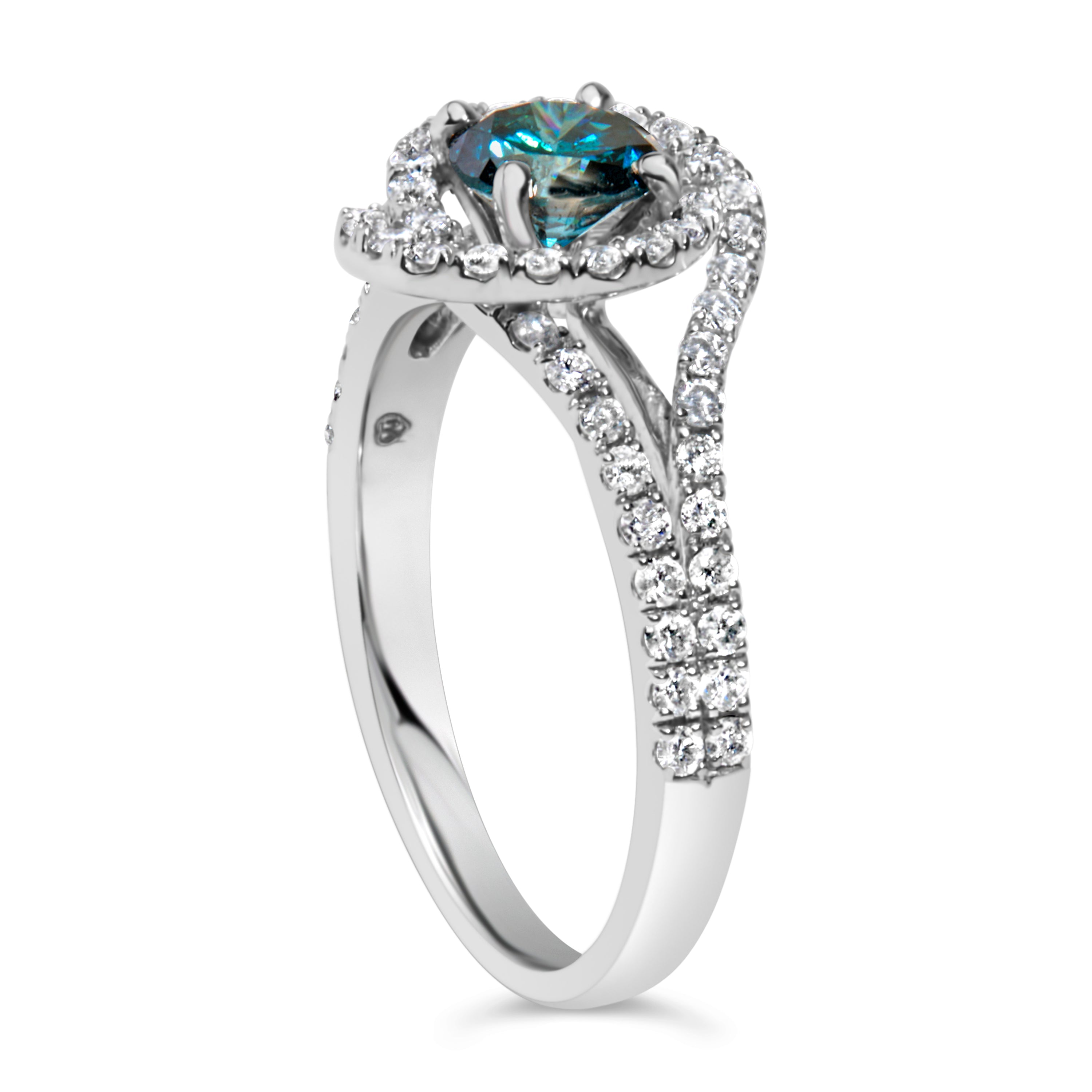 14K White Gold 1-1/3 Cttw White &amp; Blue Diamond Interweaving Double Halo Cocktail Statement Ring (G-H and Fancy Blue Color, SI2-I1 Clarity) - Size 6