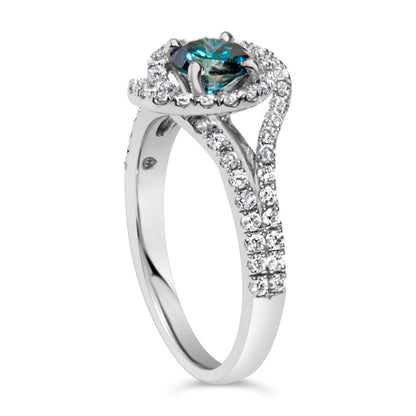 14K White Gold 1-1/3 Cttw White &amp; Blue Diamond Interweaving Double Halo Cocktail Statement Ring (G-H and Fancy Blue Color, SI2-I1 Clarity) - Size 6