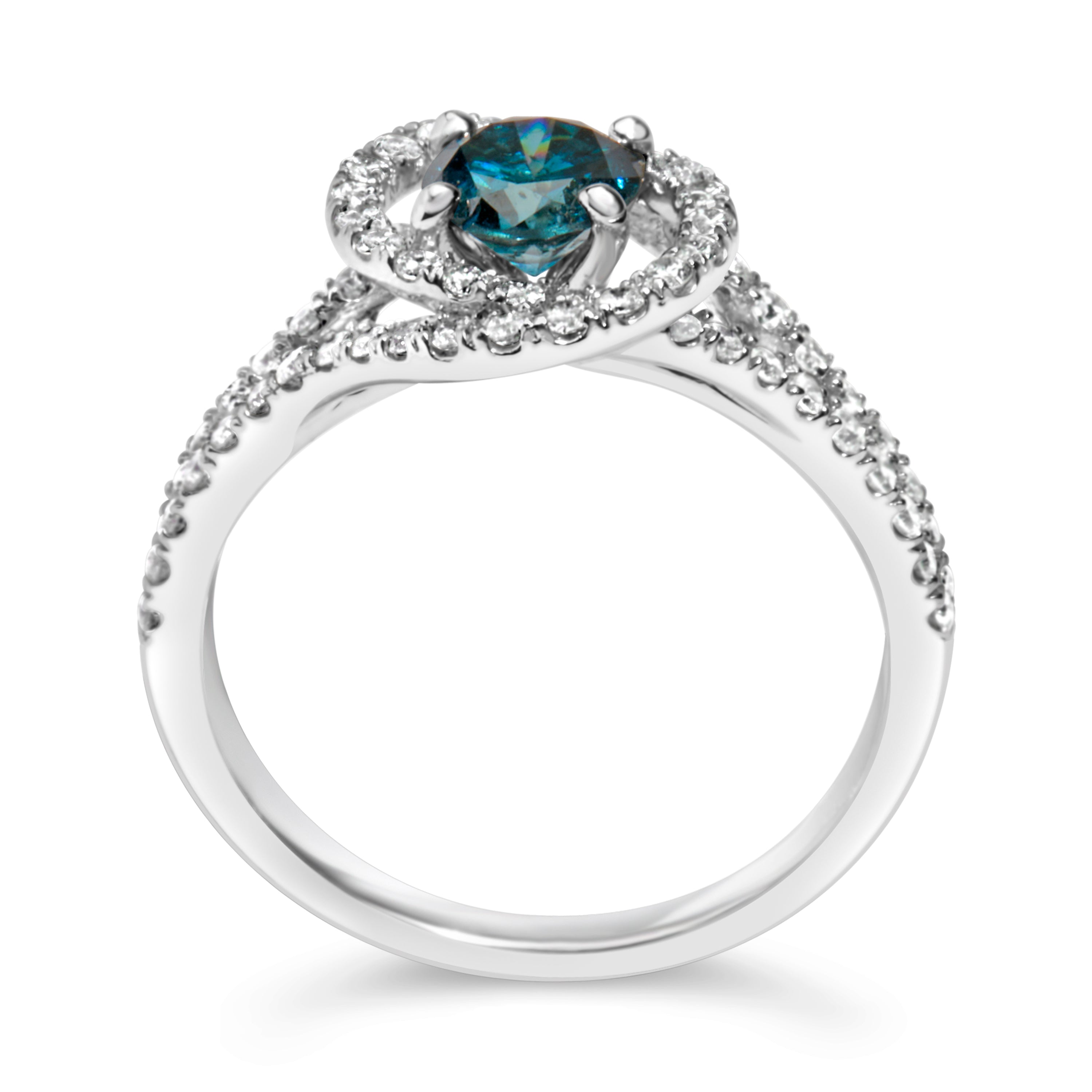 14K White Gold 1-1/3 Cttw White &amp; Blue Diamond Interweaving Double Halo Cocktail Statement Ring (G-H and Fancy Blue Color, SI2-I1 Clarity) - Size 6