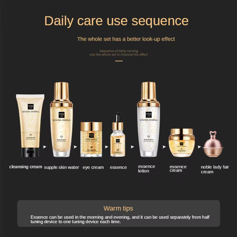 24K Gold Skin Care Set 9PCS with Box Face Toner Essence Cream Nicotinamide Anti-Aging Wrinkles Serum Facial Cleanser Kit by Korean Skin Care