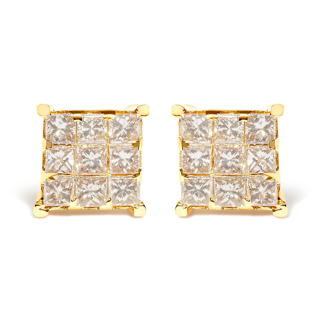 14K Yellow Gold 1 1/2 Cttw Invisible Set Princess-Cut Diamond 9 Stone Square Stud Earrings (J-K Color, SI2-I1 Clarity)
