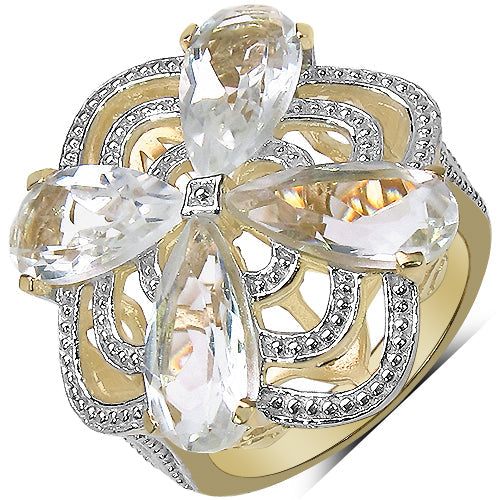 14K Yellow Gold Plated 6.69 Carat Genuine Crystal Quartz &amp; White Diamond .925 Sterling Silver Ring