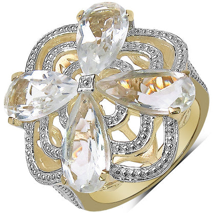 14K Yellow Gold Plated 6.69 Carat Genuine Crystal Quartz &amp; White Diamond .925 Sterling Silver Ring