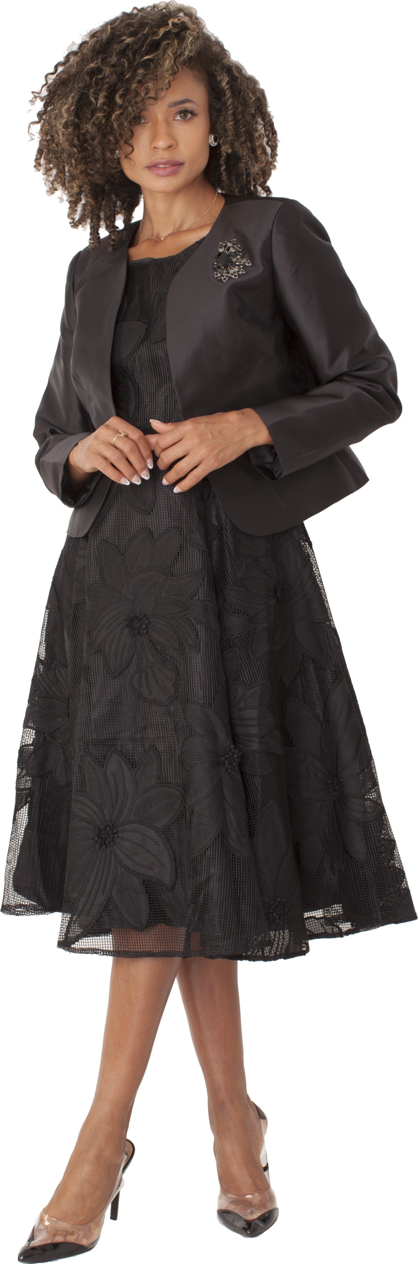 Plus Size Elegant 2-Piece Church Dress with Floral Lace and Jewel Brooch- 4806W by Tally Taylor