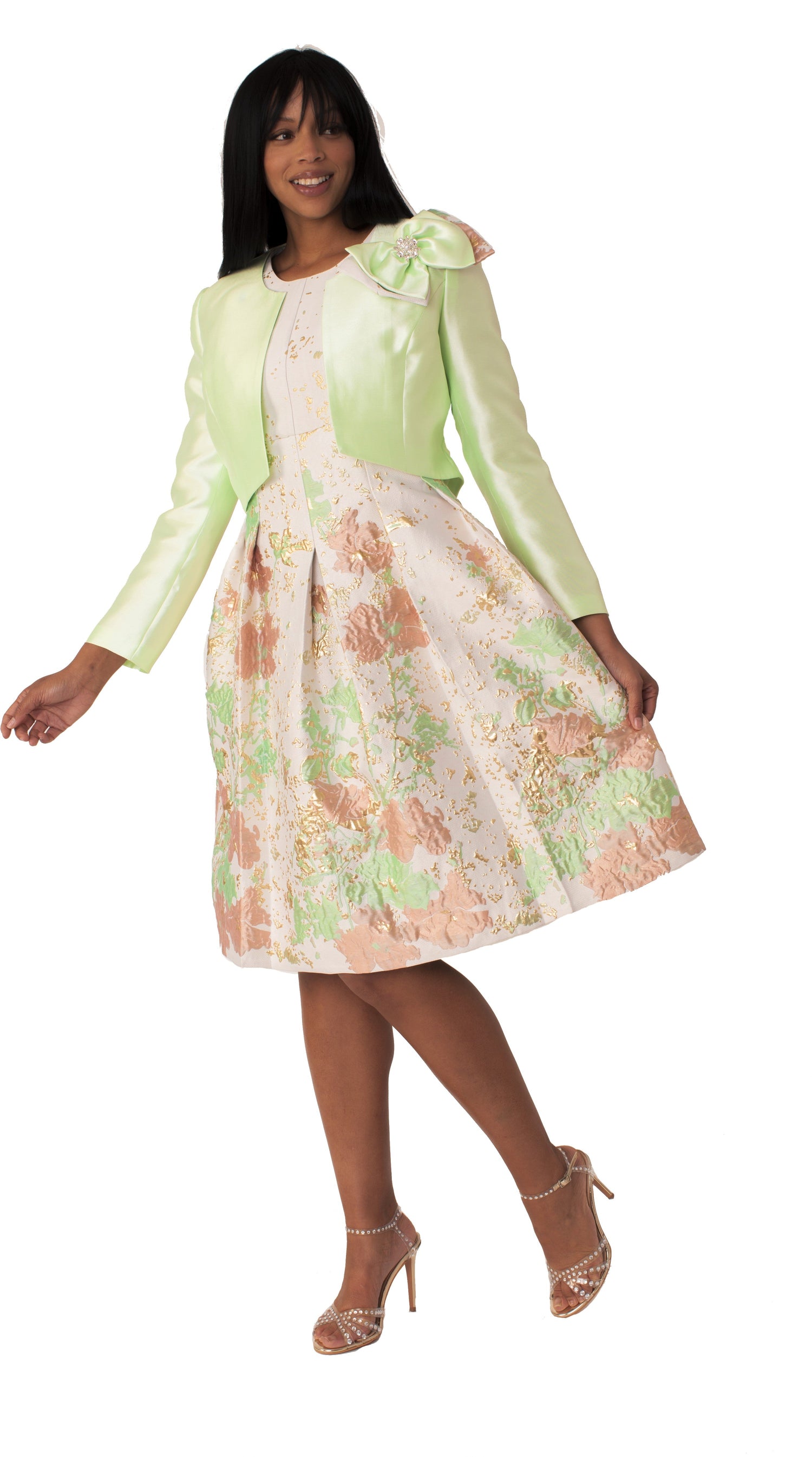 Brocade Dress Set with Jacket &amp; Brooch - 4830 by Tally Taylor