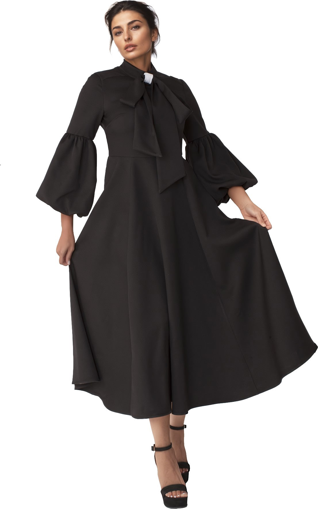 Modest Clergy Dress with Bell Sleeves and Tie Collar – 4846 by Tally Taylor