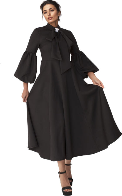 Modest Clergy Dress with Bell Sleeves and Tie Collar – 4846 by Tally Taylor