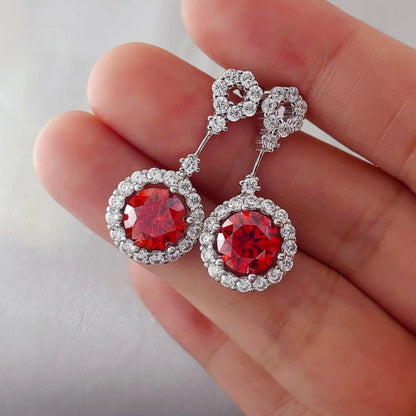 4 Carat Ruby Red Crystal Drop Earrings with Rhinestone Halo by Sparkala
