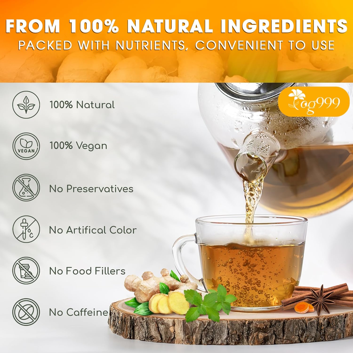 Premium Ginger, Turmeric and Cinnamon, Hand-made Blend of Ginger, Turmeric, Cinnamon, Orange Peel, Black Pepper, Hawthorn Berry and Jasmine. by FreshDrinkUS - Natural and Premium Herbal Tea