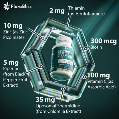 Spermidine Supplement from Chlorella with Thiamin, Zinc, Biotin, &amp; Vitamin C | 120 Capsules | Gluten-Free for Cellular Renewal, Healthy Aging &amp; Vitality Support | 60-Day Supply by FreshDrinkUS - Natural and Premium Herbal Tea