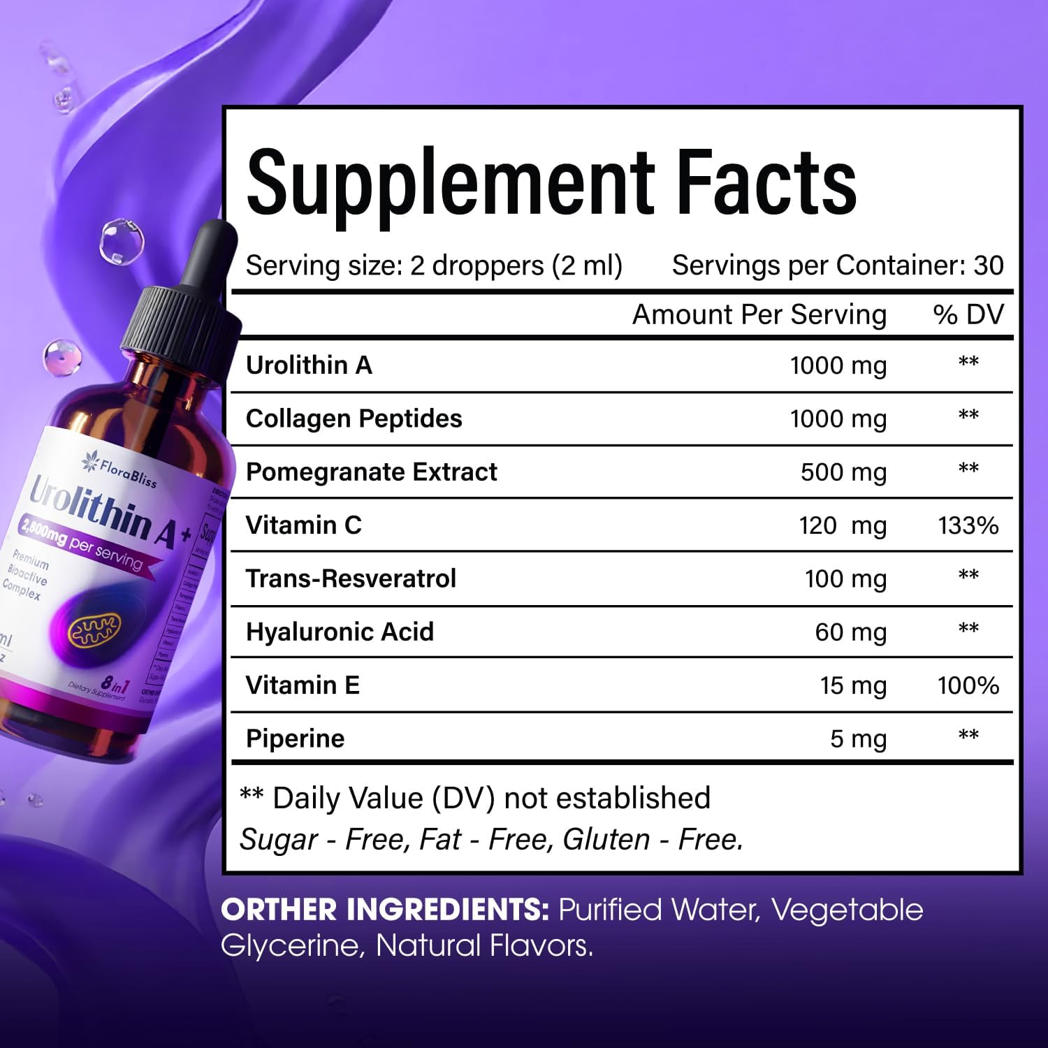 Urolithin A Supplement 2800 mg Liquid Drops | with Trans-Resveratrol, Collagen Peptides, Pomegranate Extract, Hyaluronic Acid, Vitamin E &amp; C by FreshDrinkUS - Natural and Premium Herbal Tea