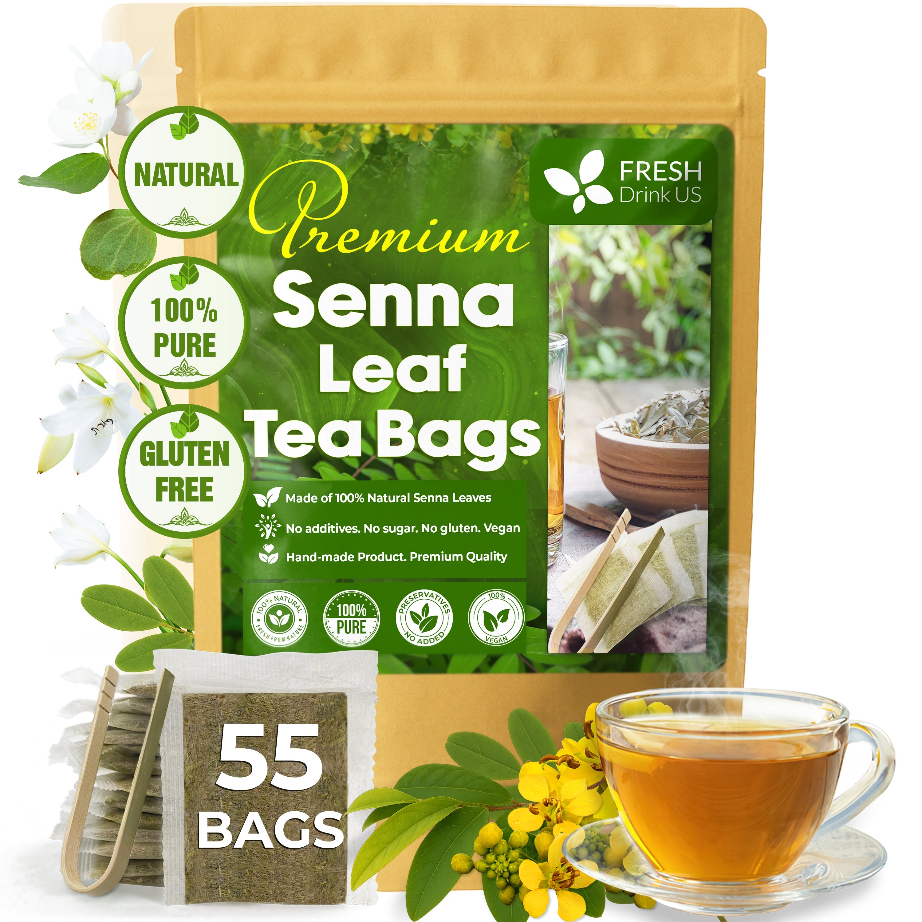 Premium Senna Leaf Tea Bags, 100% Natural &amp; Pure from Senna Leaves. Loose Leaf Senna Herbal Tea, Made with Natural Material Tea Bags, Senna Leaf Tea. No Sugar, No Caffeine, No Gluten, Vegan. by FreshDrinkUS - Natural and Premium Herbal Tea