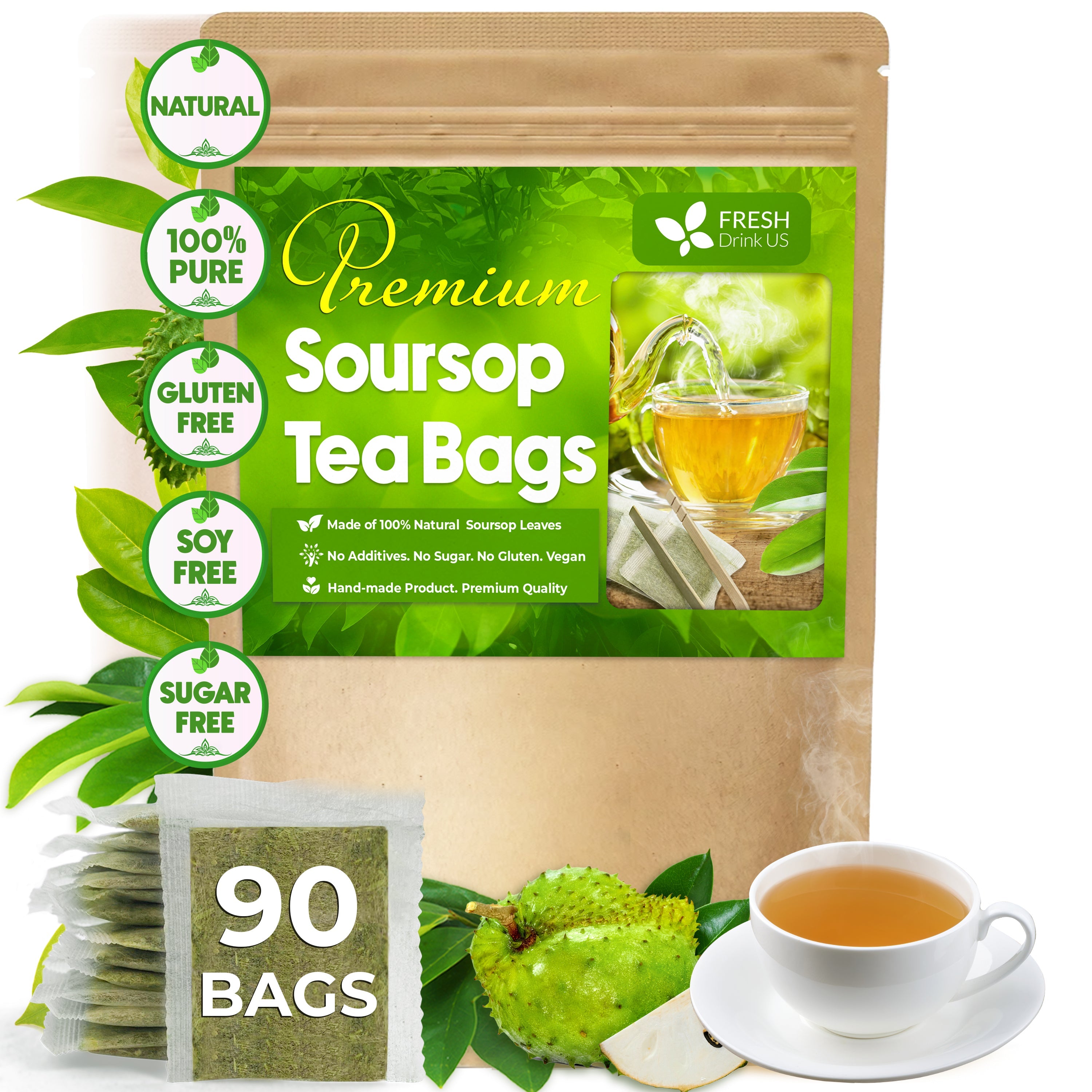 Premium Soursop Leaves Tea bags, Dried Soursop Leaves, Soursop Leaf Powder, Guanabana Leaves Tea, Hoja Guanabana Tea by FreshDrinkUS - Natural and Premium Herbal Tea