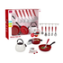 Kids Kitchen Toy Set Red Cookware and Utensils with Kettle and Pans by Farmacias Savia