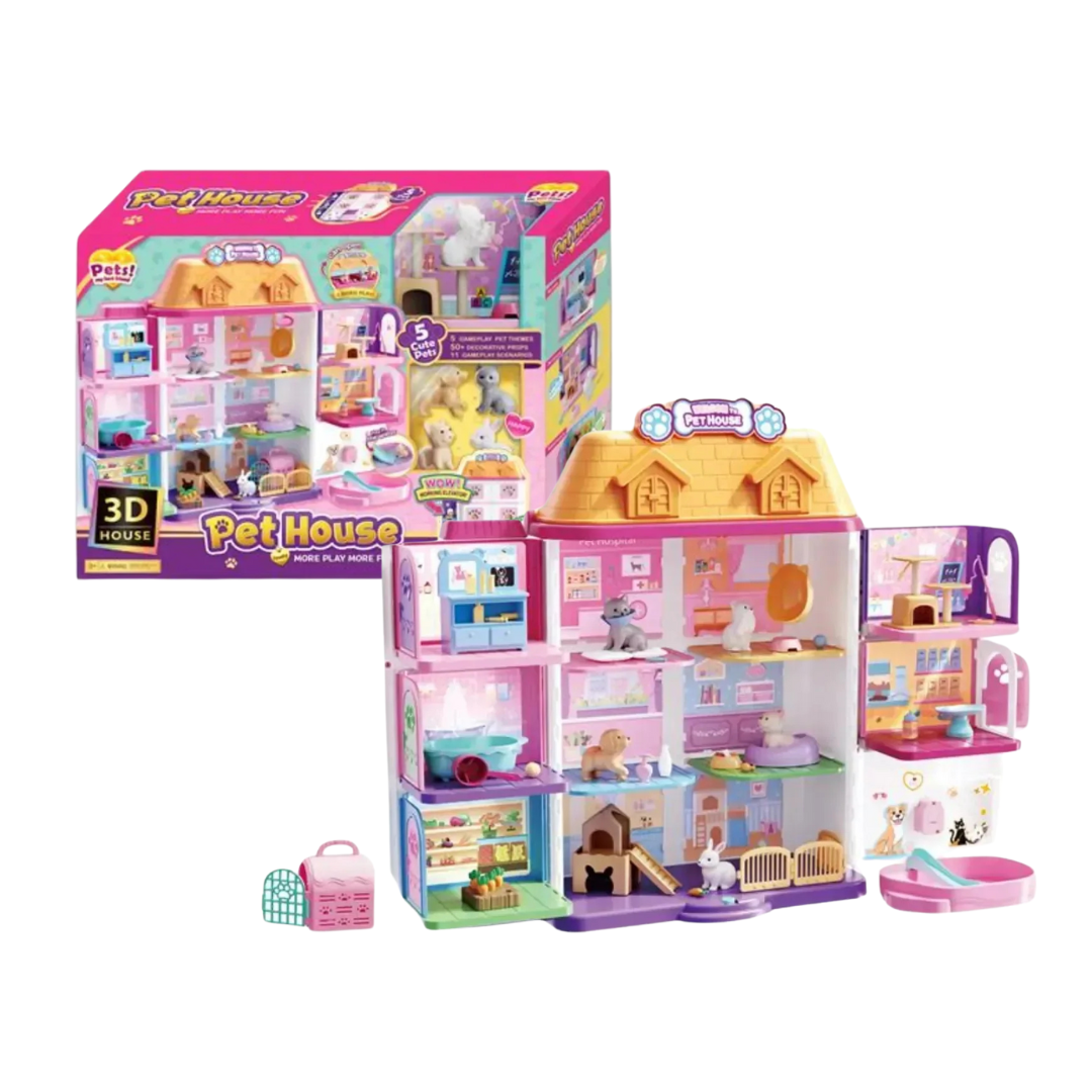 Pet House Playset with 5 Pets &amp; 50+ Accessories (3D Dollhouse) by Farmacias Savia