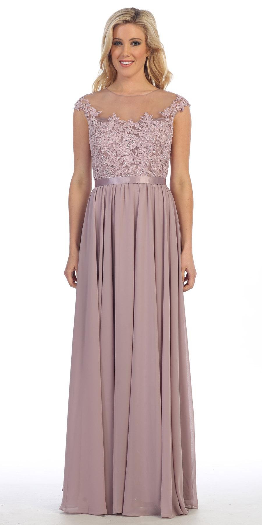 CLEARANCE - Floor Length A Line Mocha Evening Dress Cap Sleeve Chiffon (Size Large) by DiscountDressShop