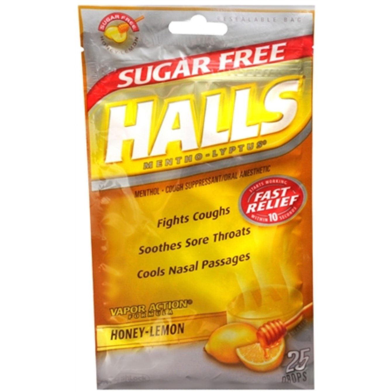 Halls Cough &amp; Throat Relief, Sugar Free, Honey Lemon Flavor, Drops by Pasteur Pharmacy