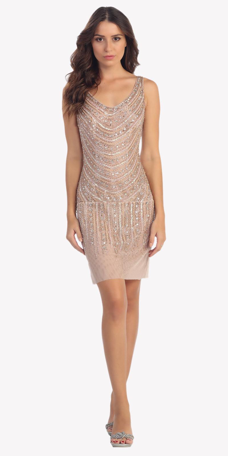CLEARANCE - Fully Beaded Sexy Champagne Cocktail Dress Embellished (Size Medium) by DiscountDressShop