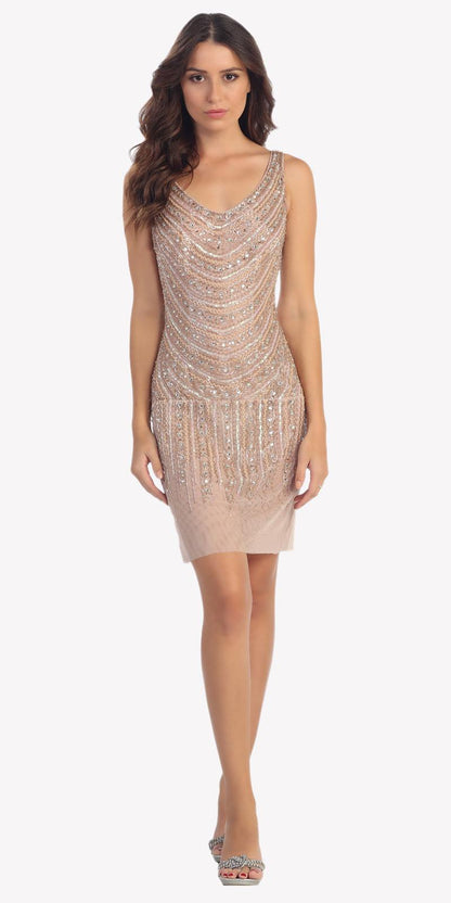 CLEARANCE - Fully Beaded Sexy Champagne Cocktail Dress Embellished (Size Medium) by DiscountDressShop