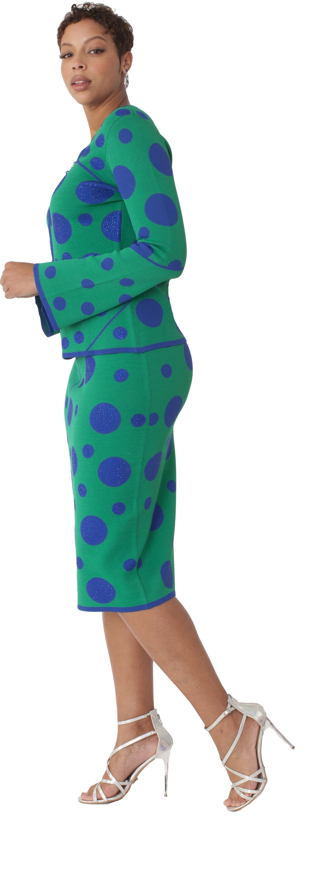Kelly Green &amp; Royal Blue Polka Dot Knit Suit -5343 by Tally Taylor