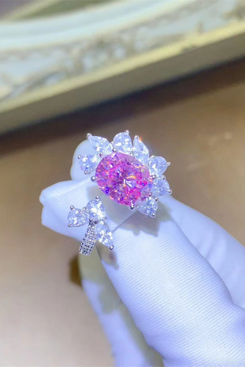 3 Carat Pink Oval-Cut Sparkala™ Platinum Over Pure Sterling Silver Open Ring by Sparkala