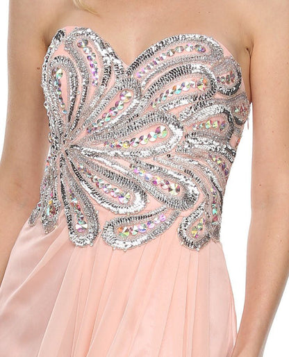 CLEARANCE - Juliet 548 Beaded Bodice Long Strapless Thigh Slit Formal Gown by DiscountDressShop