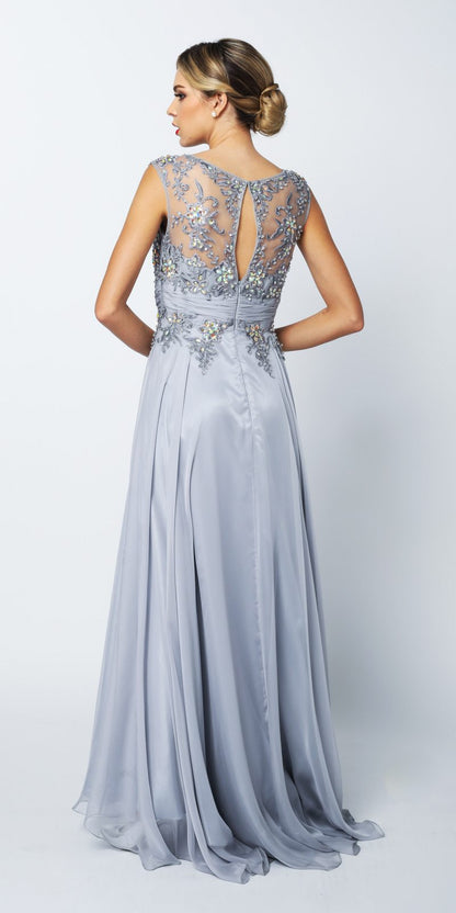 Juliet 552 Long Jewel Neckline Studded Bodice A-Line Gown by DiscountDressShop