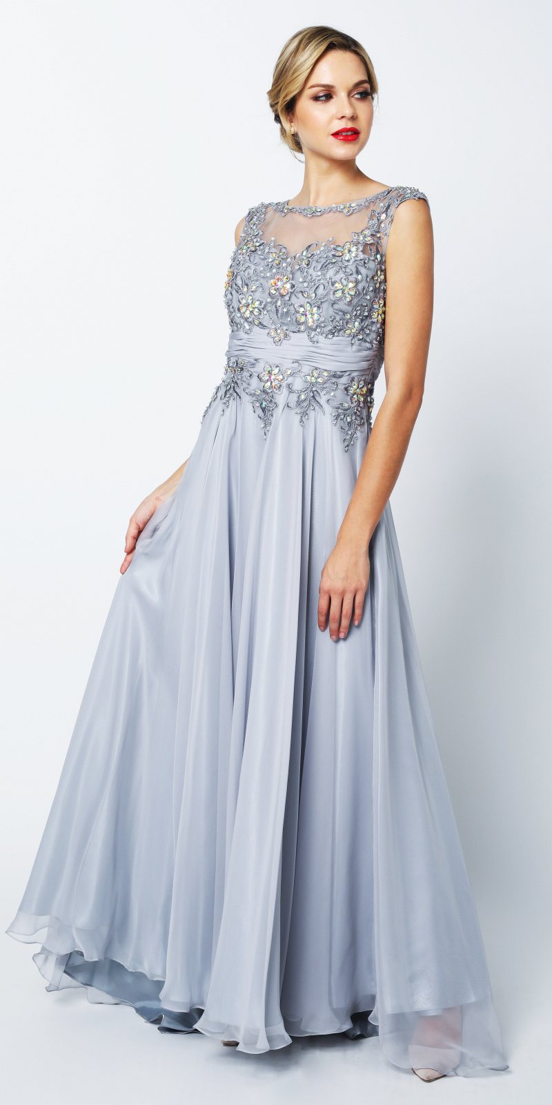 CLEARANCE - Juliet 552 Long Jewel Neckline Studded Bodice Silver A-Line Gown (Size M) by DiscountDressShop