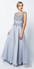 CLEARANCE - Juliet 552 Long Jewel Neckline Studded Bodice Silver A-Line Gown (Size M) by DiscountDressShop