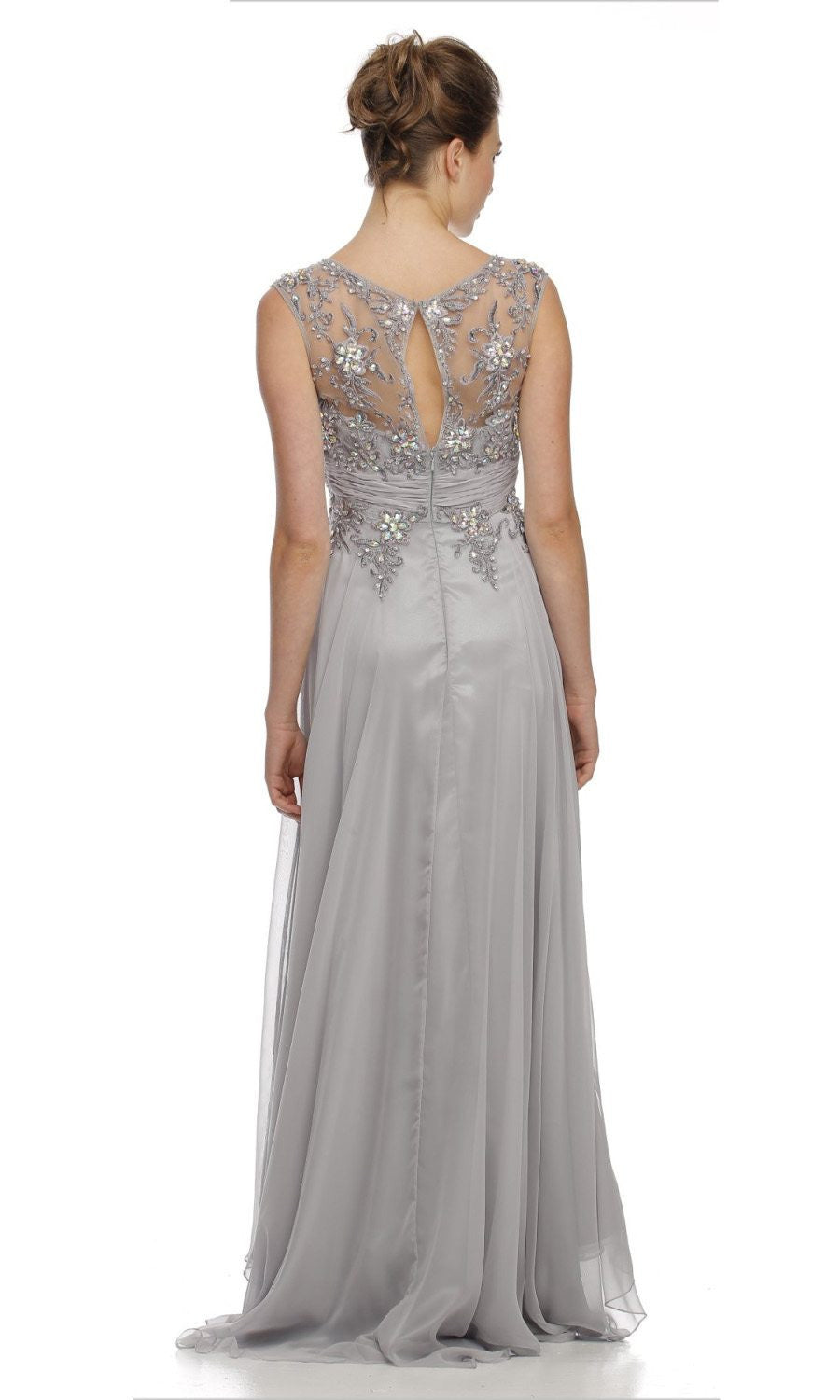 Juliet 552 Long Jewel Neckline Studded Bodice A-Line Gown by DiscountDressShop