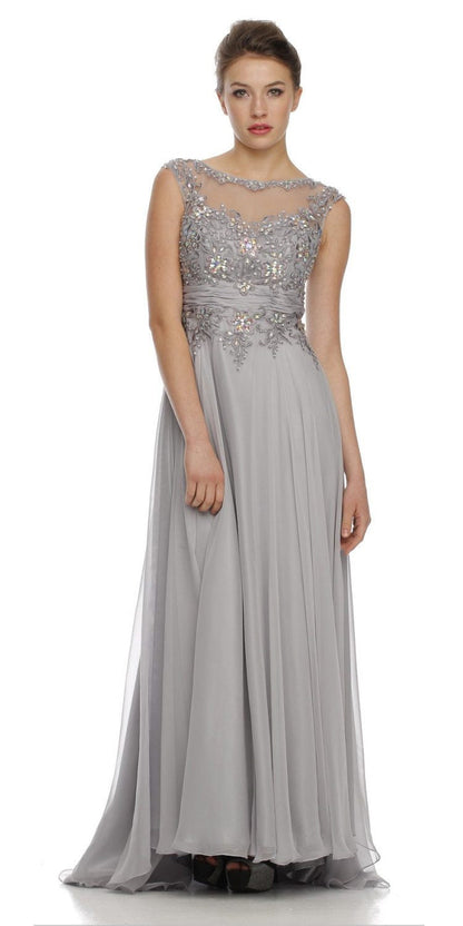CLEARANCE - Juliet 552 Long Jewel Neckline Studded Bodice Silver A-Line Gown (Size M) by DiscountDressShop