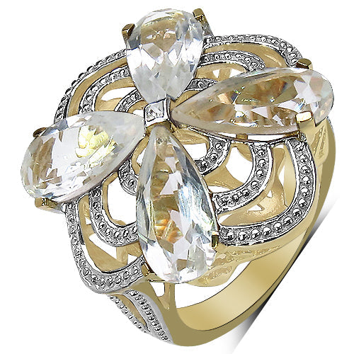 14K Yellow Gold Plated 6.69 Carat Genuine Crystal Quartz &amp; White Diamond .925 Sterling Silver Ring