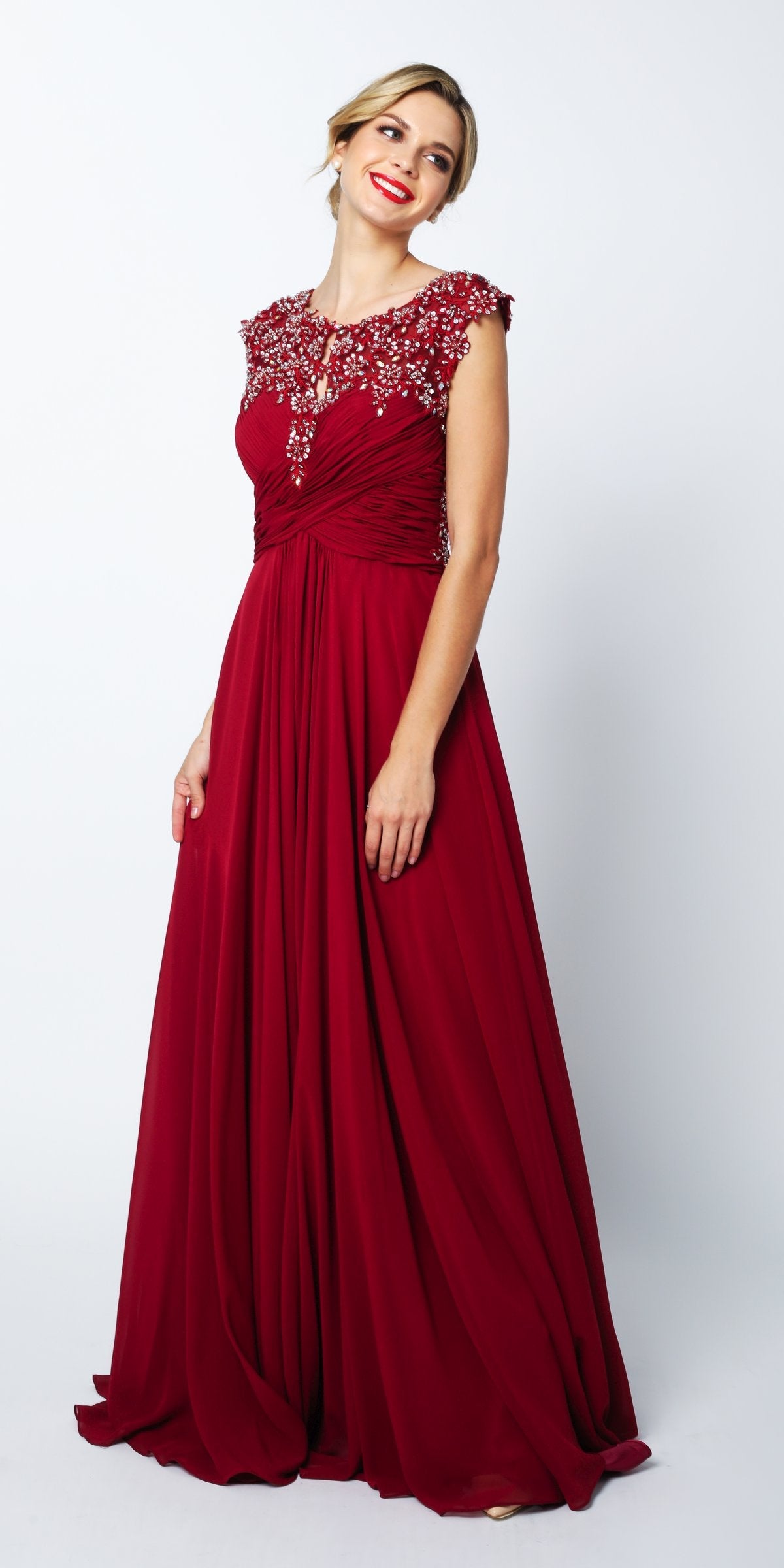 CLEARANCE - Juliet 585 A-Line Gown Cap Sleeve Empire Waist Full Length (Size M) by DiscountDressShop