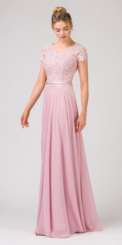 CLEARANCE - Eureka 5909 Lace Bodice A-Line Long Dress Short Sleeves (Size 3XL) by DiscountDressShop