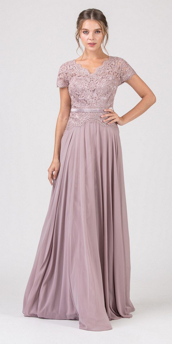 CLEARANCE - Eureka 5909 Lace Bodice A-Line Long Dress Short Sleeves (Size 3XL) by DiscountDressShop