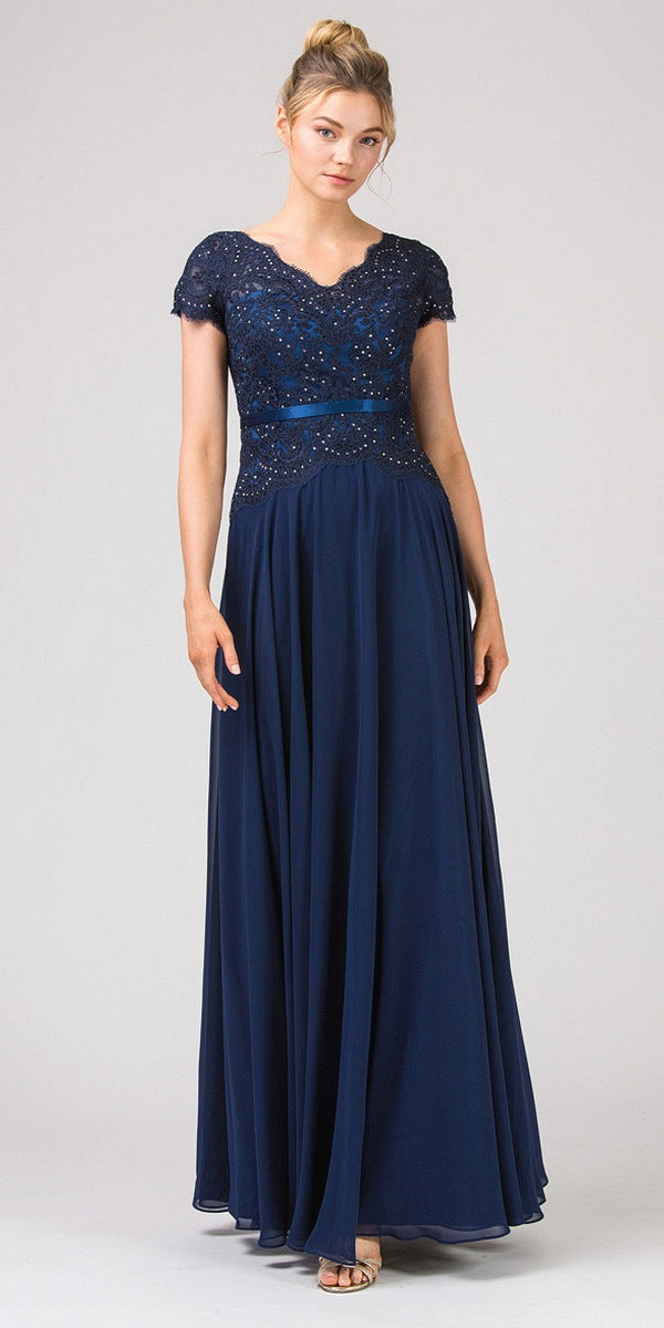 CLEARANCE - Eureka 5909 Lace Bodice A-Line Long Dress Short Sleeves (Size 3XL) by DiscountDressShop