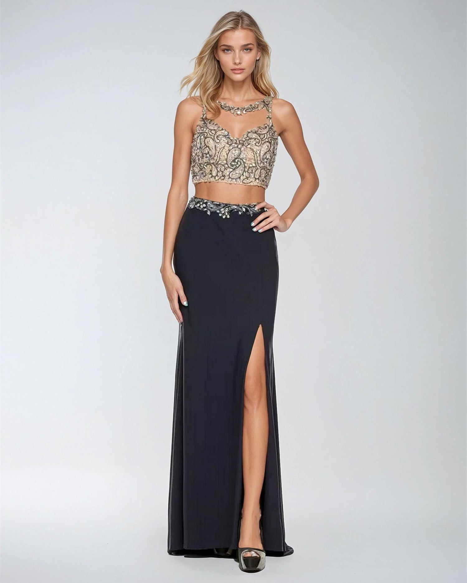 Juliet 595 Sexy Front Slit 2-Piece Dress Beads Illusion Neck by DiscountDressShop