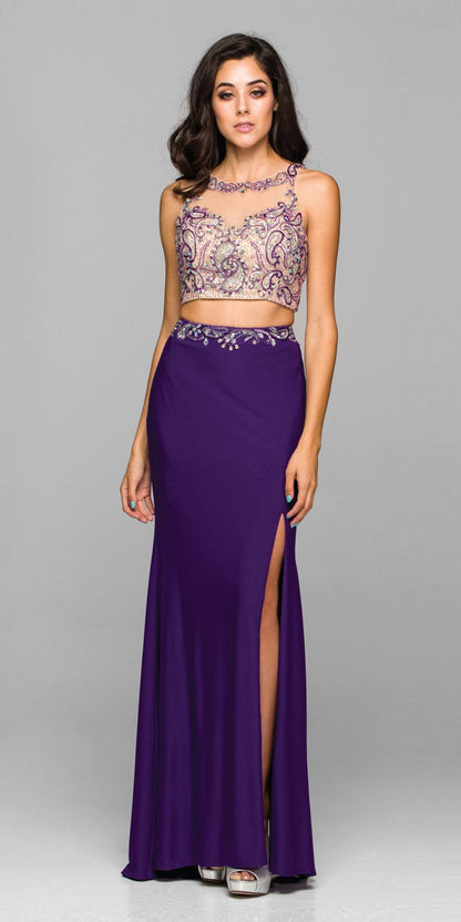 Juliet 595 Sexy Front Slit 2-Piece Dress Beads Illusion Neck by DiscountDressShop