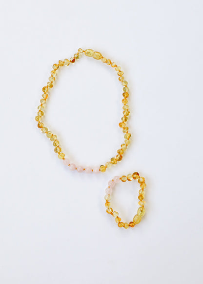 Polished Honey Baltic Amber + Rose Quartz || Necklace by CanyonLeaf