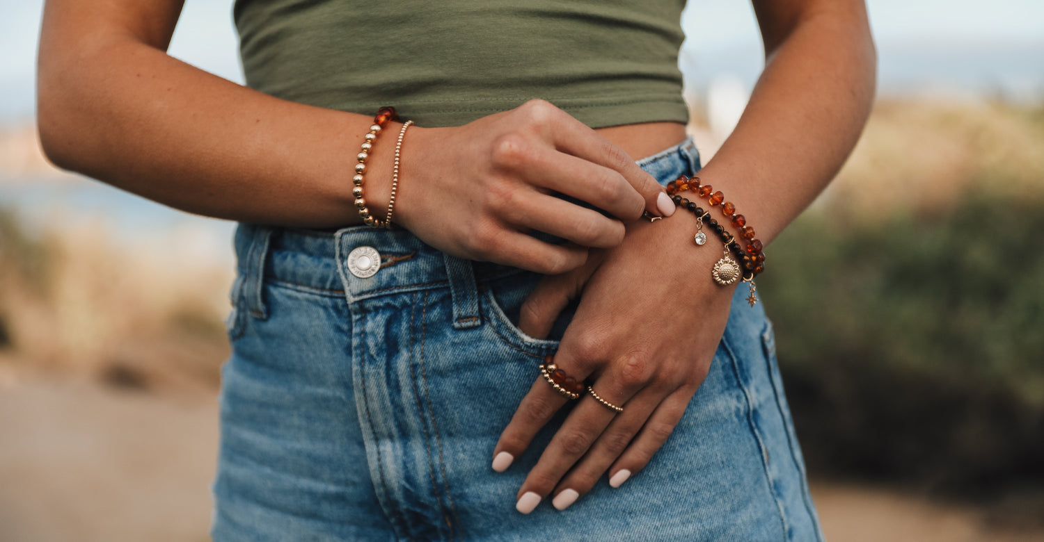 Baltic Sea Amber : 14k Gold Filled Beaded Sun + Moon || Adult Bracelets by CanyonLeaf