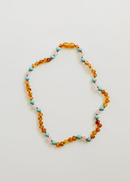 Raw Honey Baltic Amber and Natural Turquoise + Rose Quartz || Necklace by CanyonLeaf