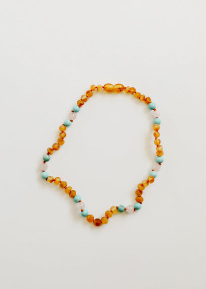 Raw Honey Baltic Amber and Natural Turquoise + Rose Quartz || Necklace by CanyonLeaf
